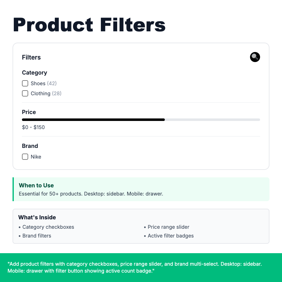 Product Filters design pattern - Search and filtering UI for product discovery. Includes faceted search, price ranges, and category refinement.