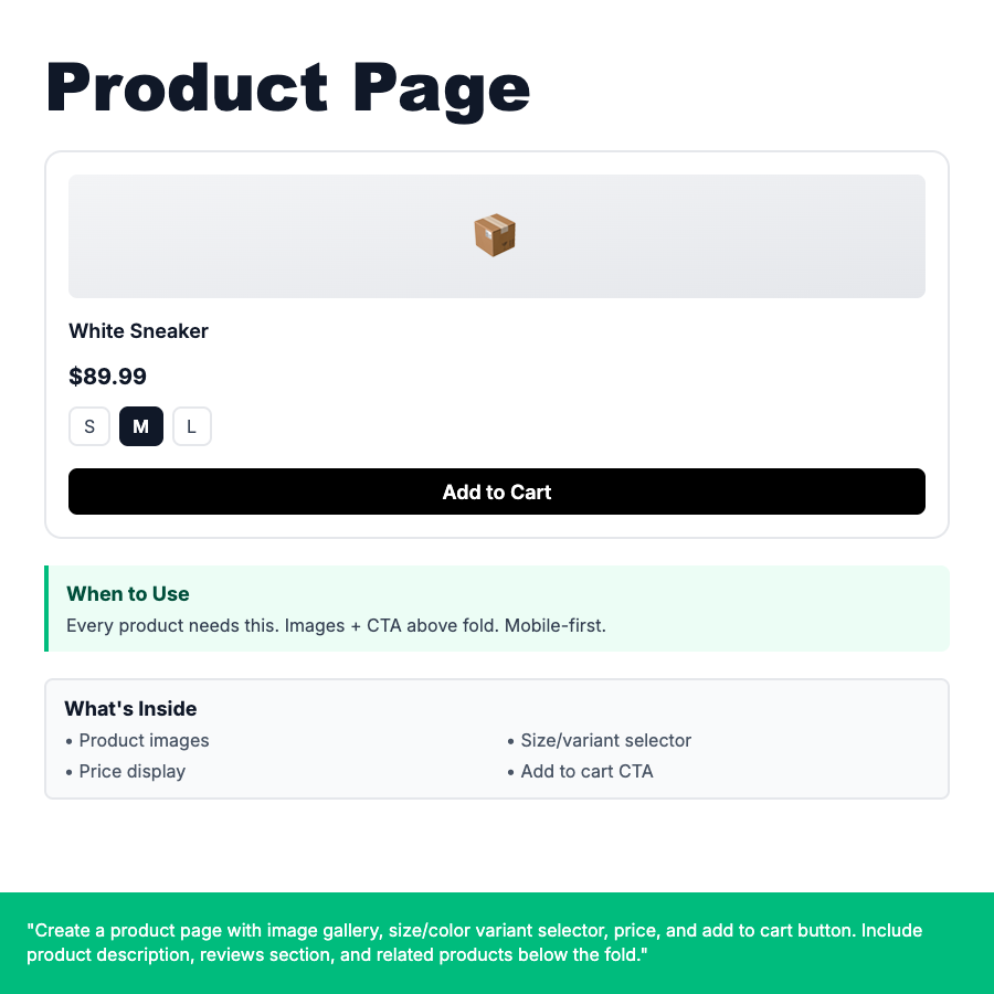 Product Page design pattern - The detail page that showcases a single product with images, descriptions, pricing, and add-to-cart functionality.