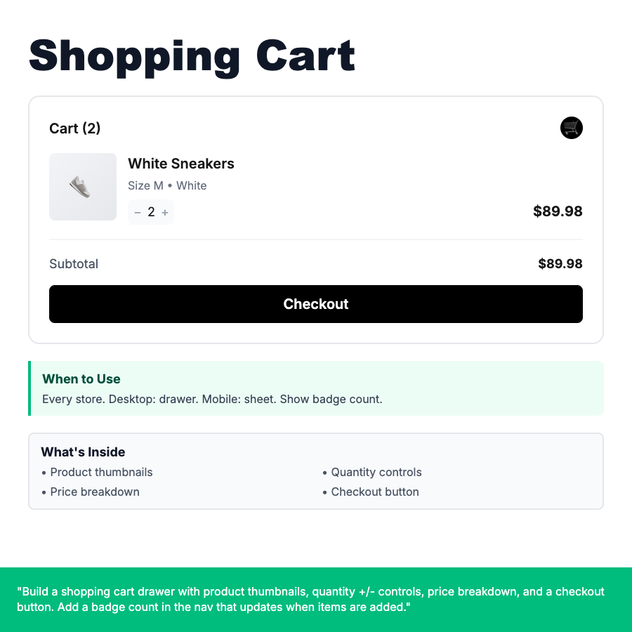 Shopping Cart design pattern - The cart UI pattern that holds selected items before purchase. Includes quantity controls, price totals, and checkout CTA.