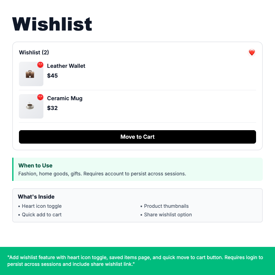 Wishlist design pattern - Save-for-later functionality that lets users bookmark products for future purchase or sharing.