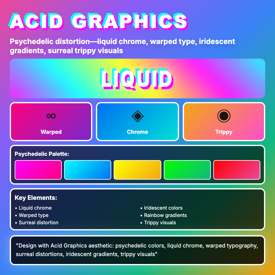 Acid Graphics Design design pattern - Acid graphics uses trippy visuals, chromatic aberration, liquid effects, and rave culture—digital psychedelic aesthetics.