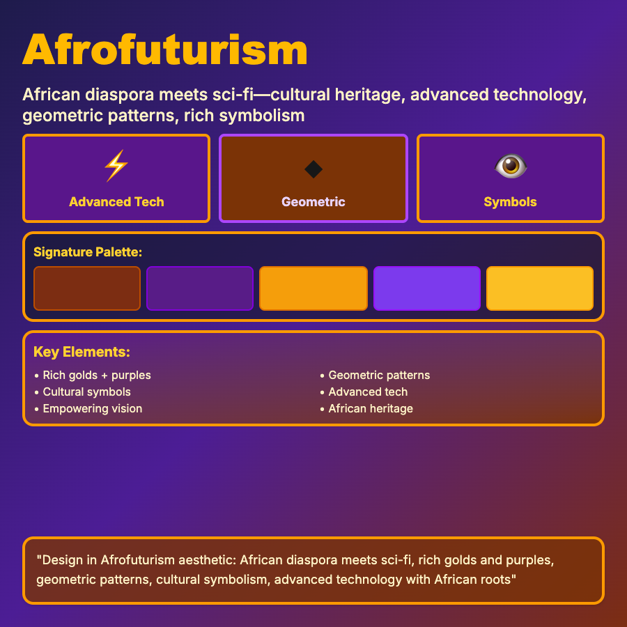 Afrofuturism Design design pattern - Afrofuturism combines African culture, diaspora aesthetics, and futuristic elements—speculative design celebrating Black culture.
