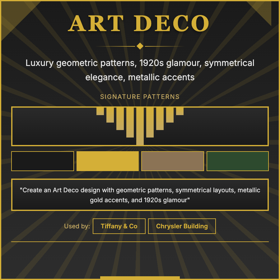 Art Deco Design design pattern - Art Deco combines geometric patterns, metallic accents, bold symmetry, and luxurious details—1920s glamour for digital interfaces.