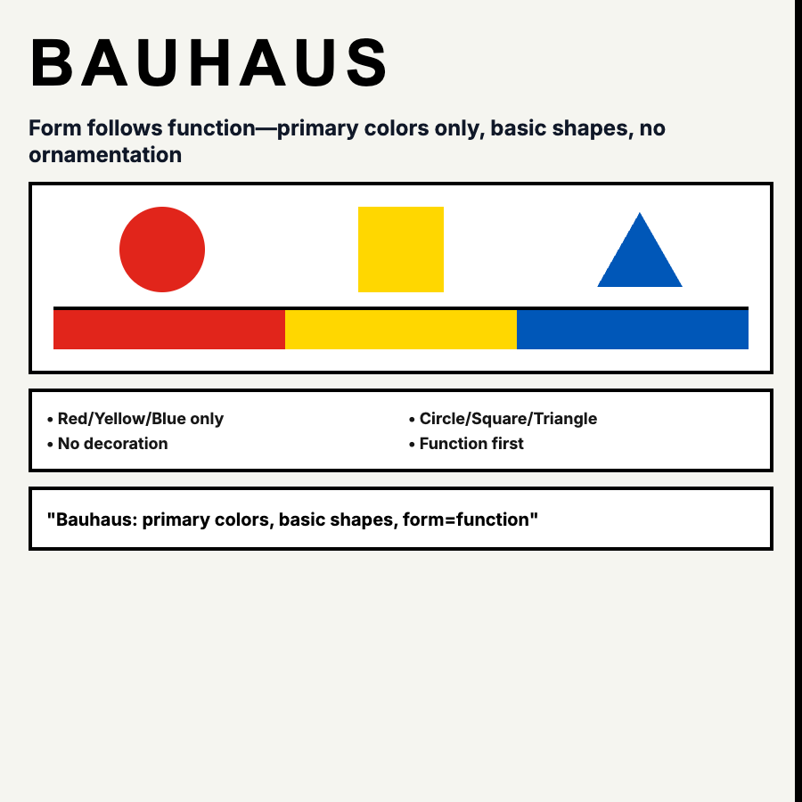 Bauhaus Design design pattern - Bauhaus combines geometric shapes, primary colors, functional layouts, and modernist principles—form follows function.