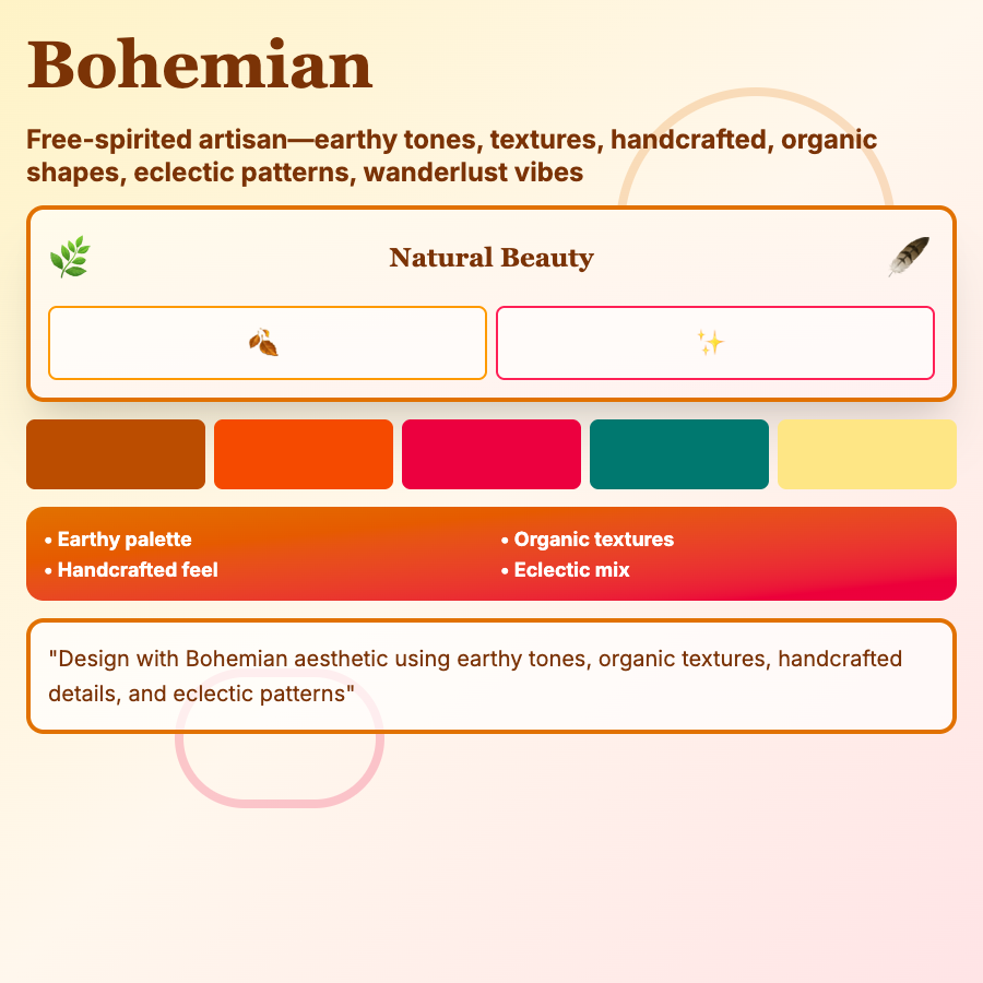 Bohemian Design design pattern - Bohemian design uses rich colors, mixed patterns, organic shapes, and eclectic elements—free-spirited, artistic aesthetics.