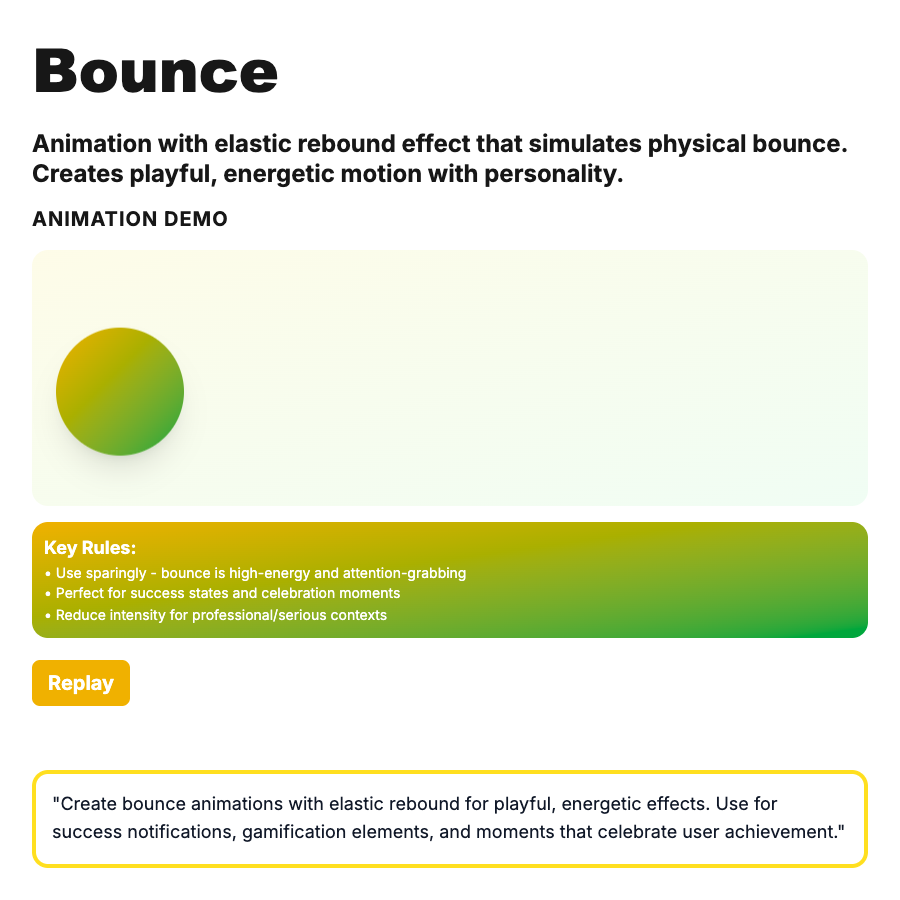 Bounce Animation design pattern - Bounce animations overshoot the target and bounce back. Learn when to use bounces for playful, attention-grabbing effects.