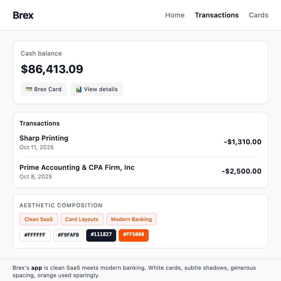 Brex Aesthetic design pattern - Analyze Brex's design system—bold orange on dark backgrounds, enterprise-grade functionality with startup energy, modern corporate card aesthetic.