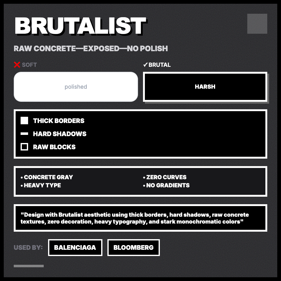 Brutalist Design design pattern - Brutalist design embraces raw HTML, stark layouts, system fonts, and intentionally rough aesthetics that reject polish and convention.