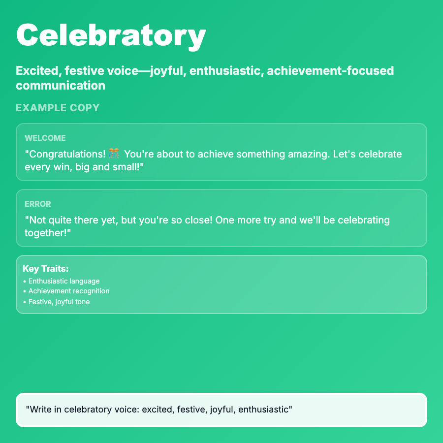 Celebratory Tone design pattern - Celebratory tone acknowledges achievements and milestones—congratulations, recognition, shared joy. Essential for completion states, streaks, and success messages.