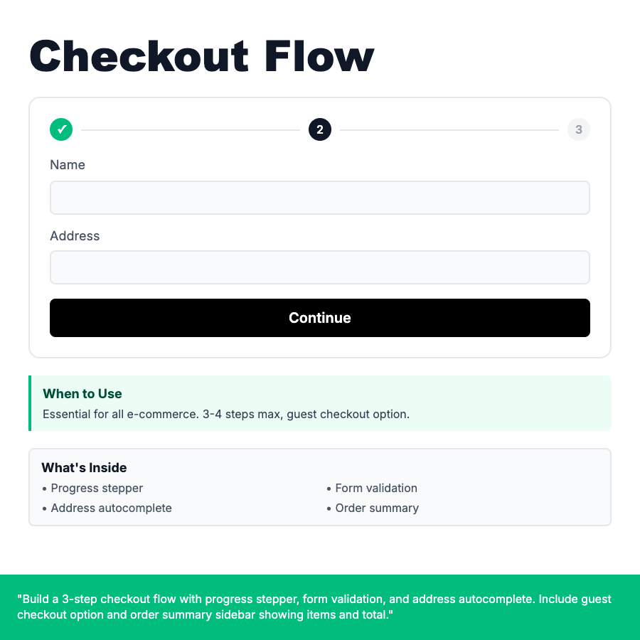 Checkout Flow design pattern - Multi-step or single-page checkout process that collects shipping, payment, and order confirmation.