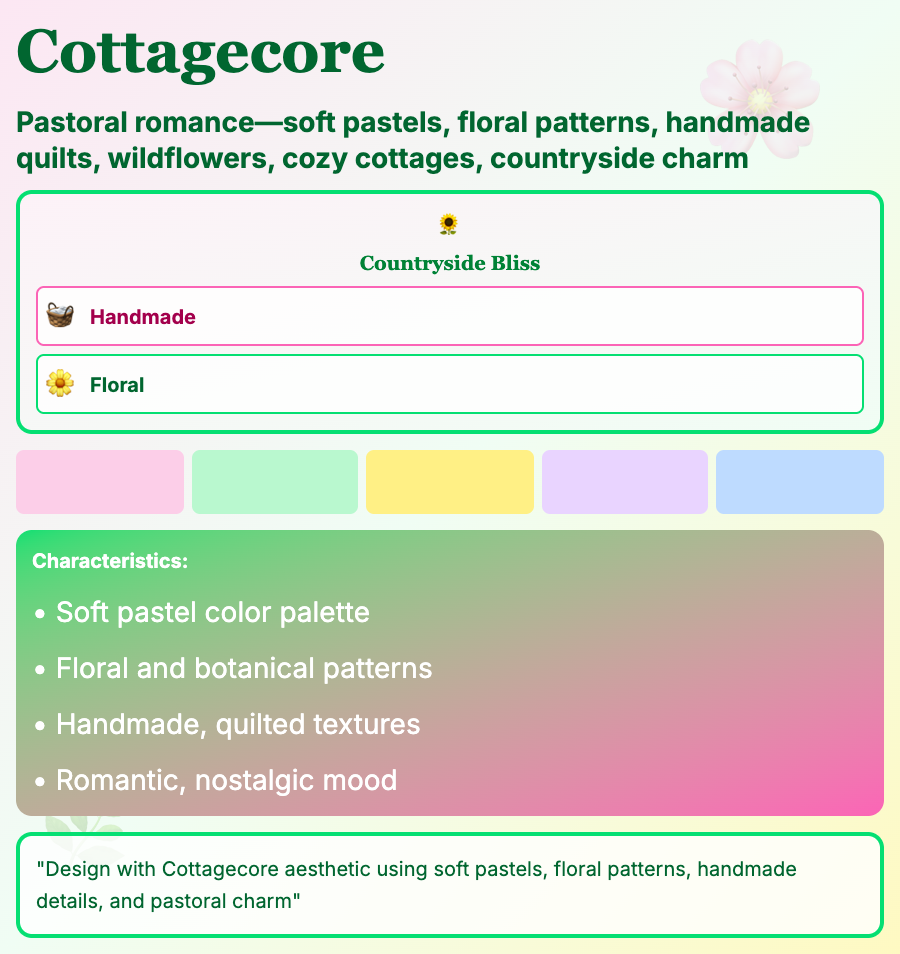 Cottagecore Design design pattern - Cottagecore uses pastoral imagery, soft colors, floral patterns, and cozy simplicity—romanticized rural life aesthetics.