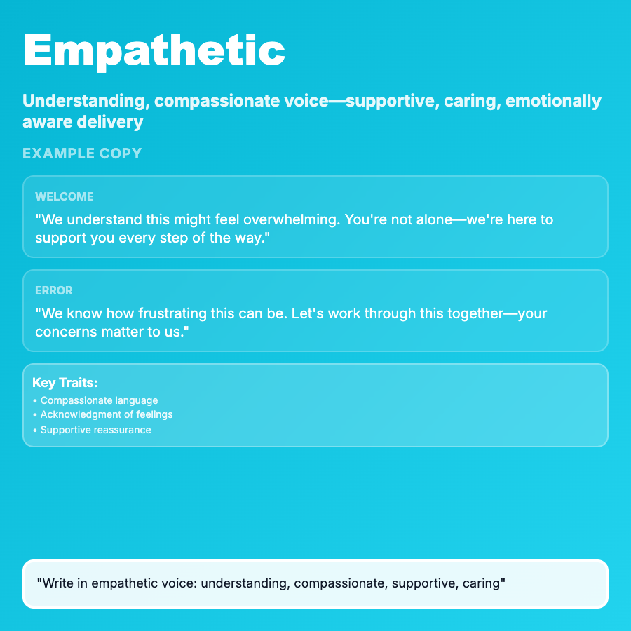 Empathetic Tone design pattern - Empathetic tone acknowledges user emotions and frustrations—validating, supportive, human. Essential for error messages, support interactions, and stressful moments.