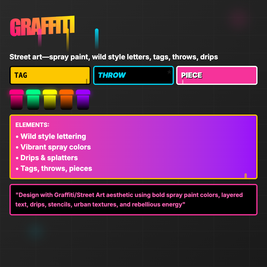 Graffiti Design design pattern - Graffiti design uses spray paint effects, bold tags, street art elements, and urban culture—rebellious, expressive aesthetics.