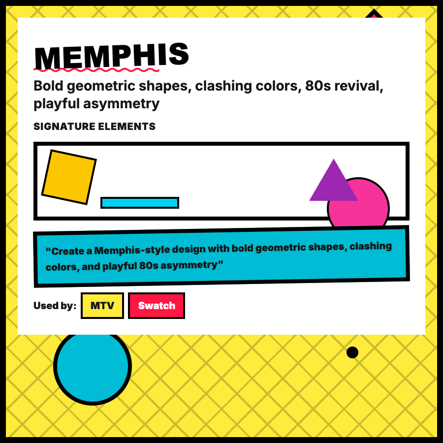Memphis Design design pattern - Memphis design features bold geometric shapes, clashing colors, squiggles, dots, and playful patterns—postmodern maximalism.