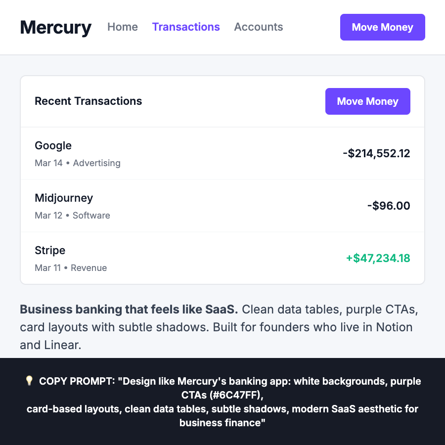 Mercury Aesthetic design pattern - Analyze Mercury's business banking app—clean white backgrounds, purple CTAs, card-based layouts, SaaS-style dashboards built for startup founders.