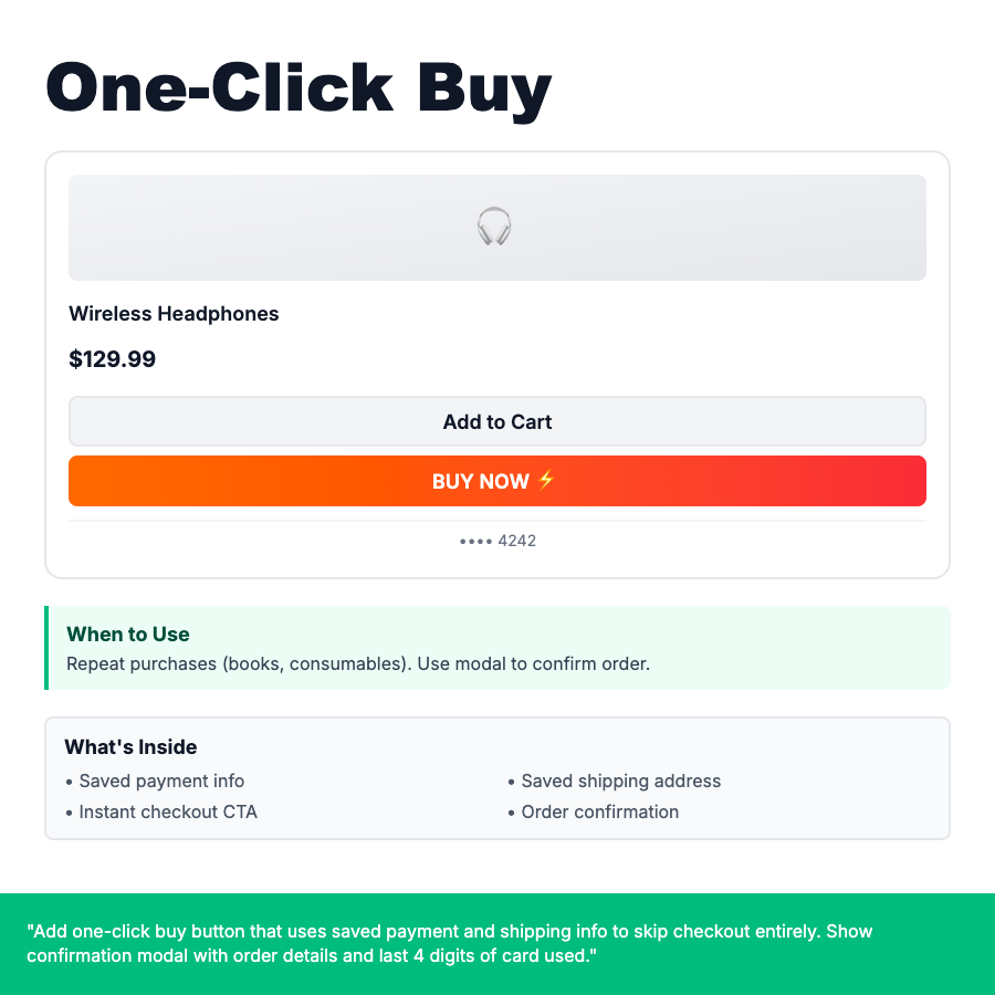 One-Click Buy design pattern - Instant purchase pattern using saved payment and shipping info. Reduces friction for returning customers.