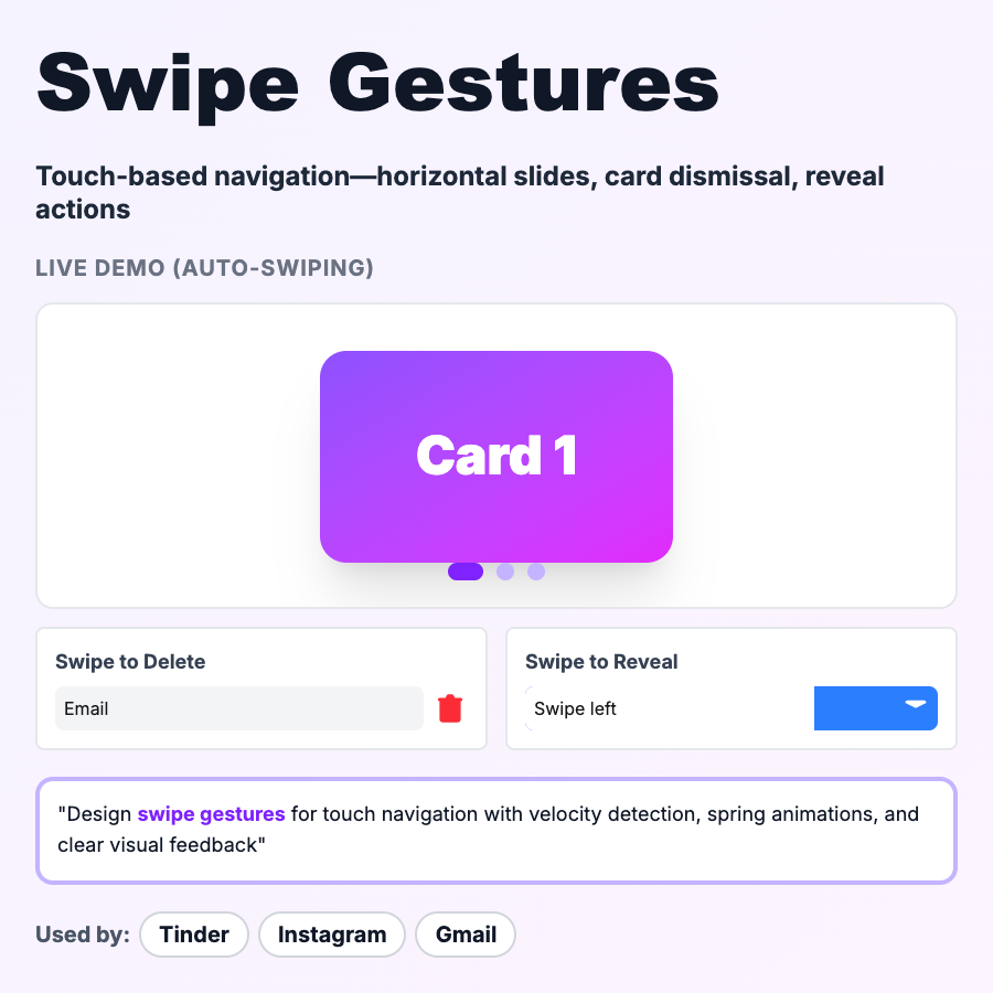 Swipe Gestures design pattern - Swipe gestures let users navigate by swiping left/right/up/down. Learn when to use them and how to make them discoverable.