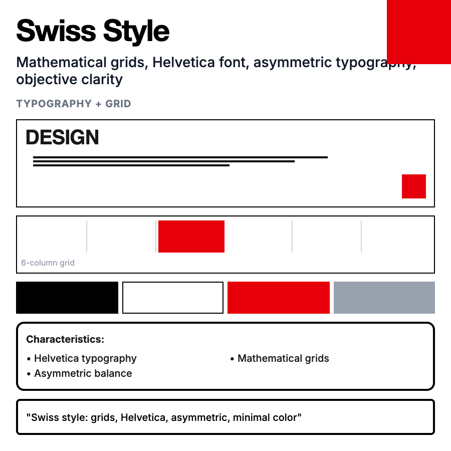 Swiss Design design pattern - Swiss design uses rigid grids, sans-serif typography, asymmetric layouts, and restrained color for precision and clarity.