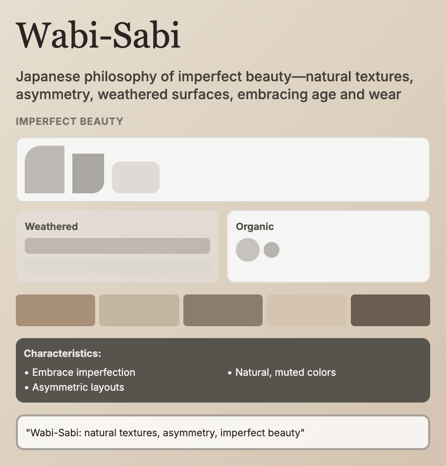 Wabi-Sabi Design design pattern - Wabi-sabi embraces imperfection, natural materials, earthy colors, and organic textures—Japanese philosophy of finding beauty in flaws.